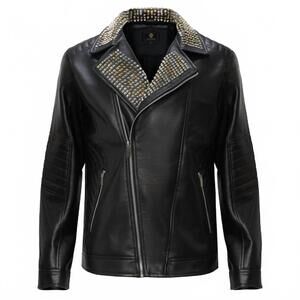 NEW BAROCCO women's studded collar trim moto jacket in black